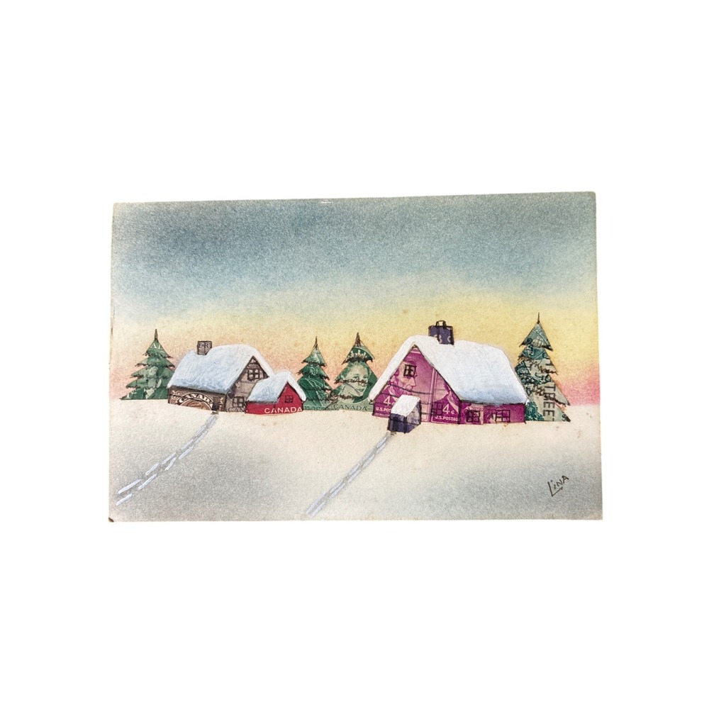 Lina Signed Vintage Stamp Collage Art Winter Village Scene Mixed Media Folk Art